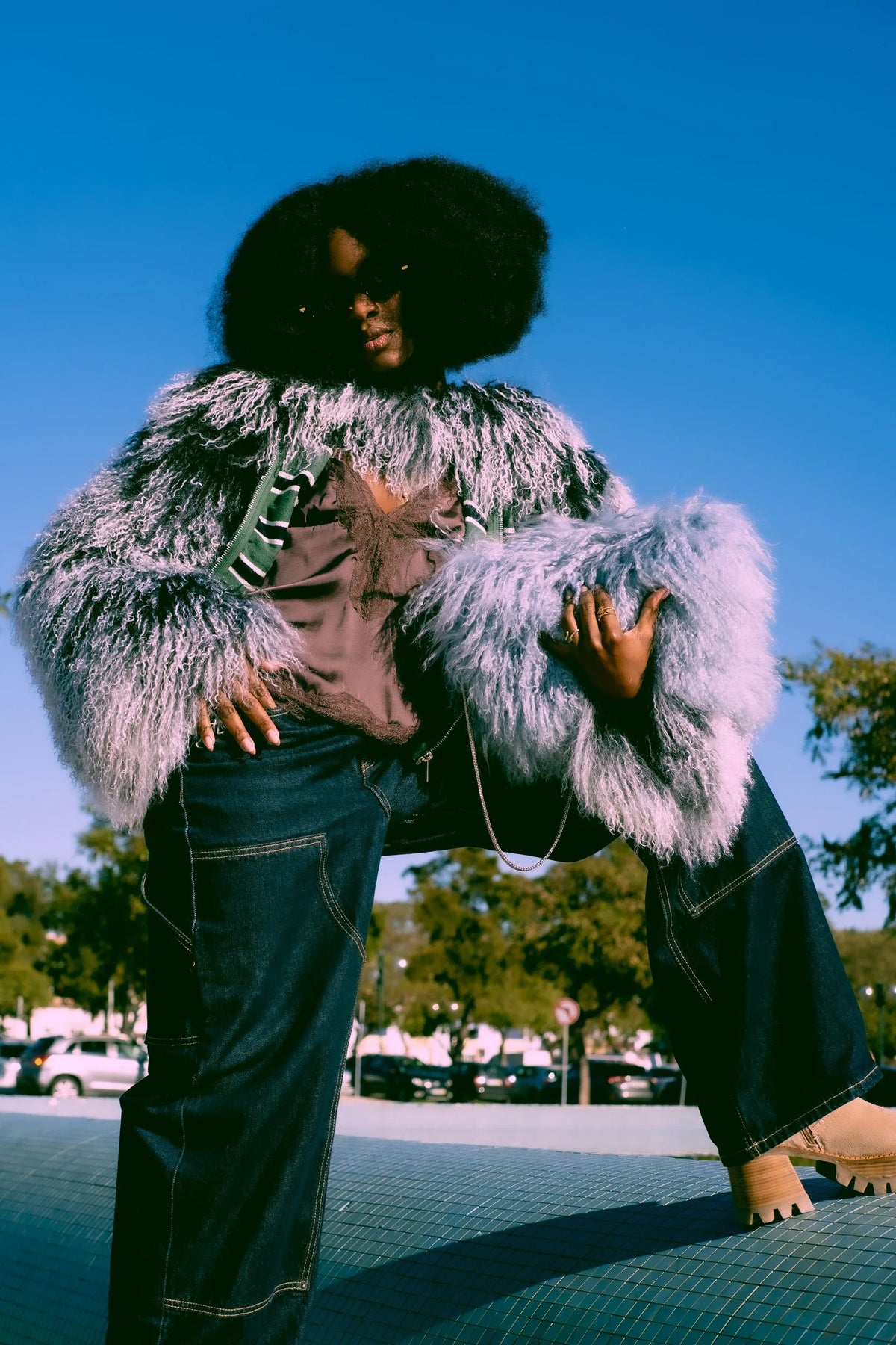 Treen Sky Blue Mongolian Fur Cross Body Clutch Bag